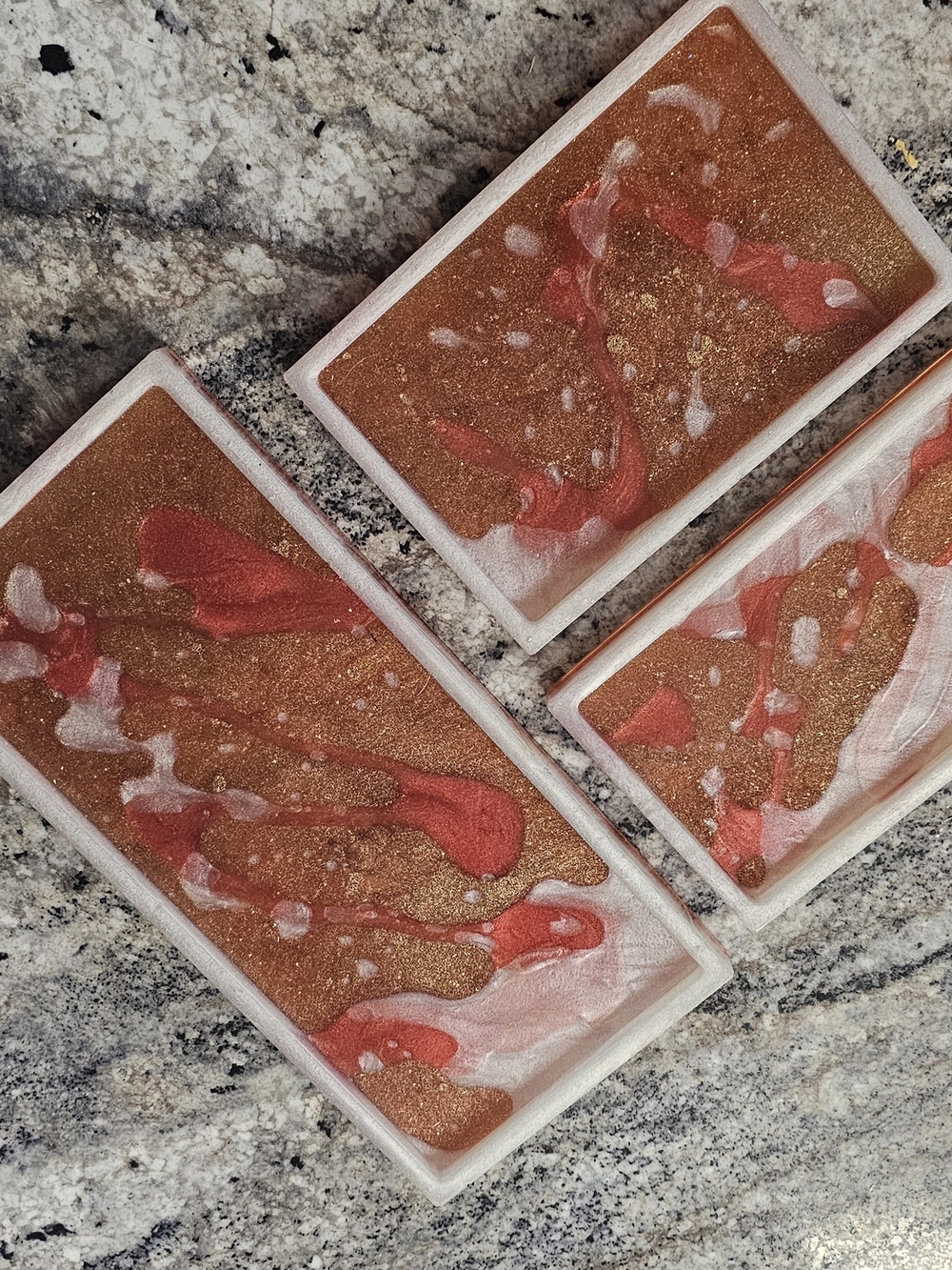 Handmade Epoxy Copper Swirl Resin Tray Set - White and Red Accents
